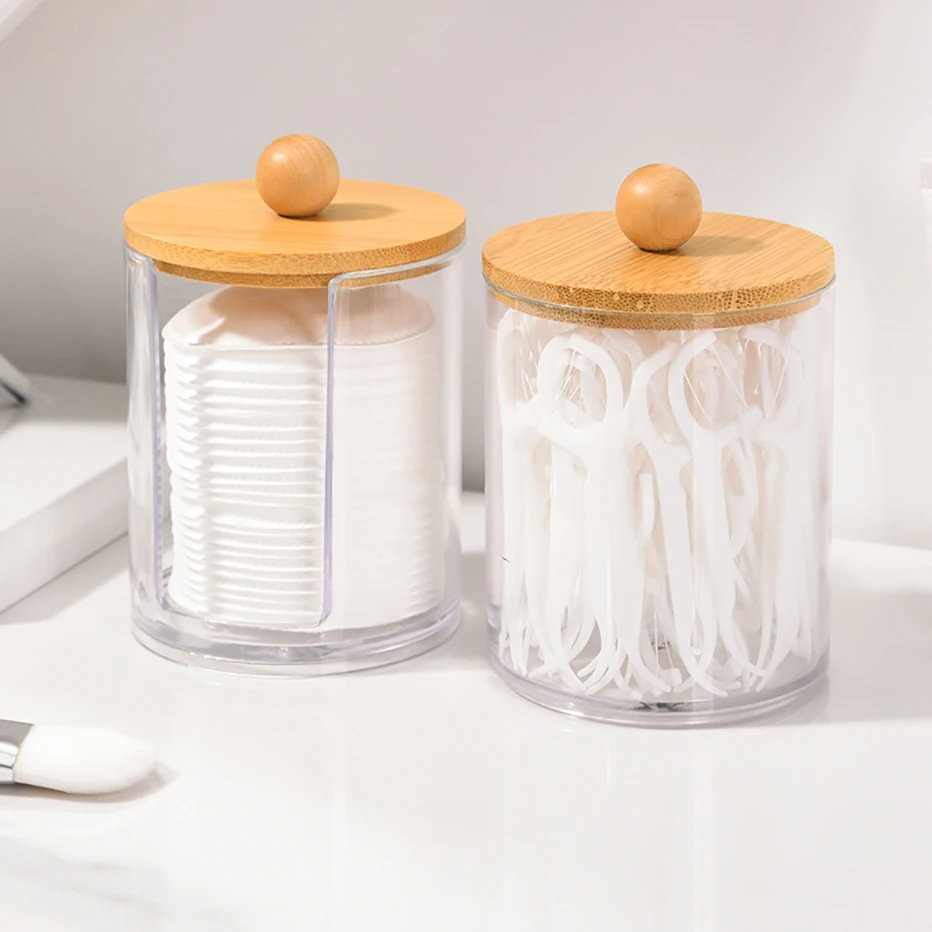 1/3pcs Qtip Holder Dispenser with Bamboo Lid Clear Black Cotton Ball Swab Cotton Round Pads Bathroom Apothecarey Jar Set 4