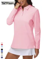 TACVASEN 3-Button Long Sleeve Polos Womens Cotton V-Neck Hiking Golf Tops Breathable Outdoor Sports Collared Pullover Tee Shirts