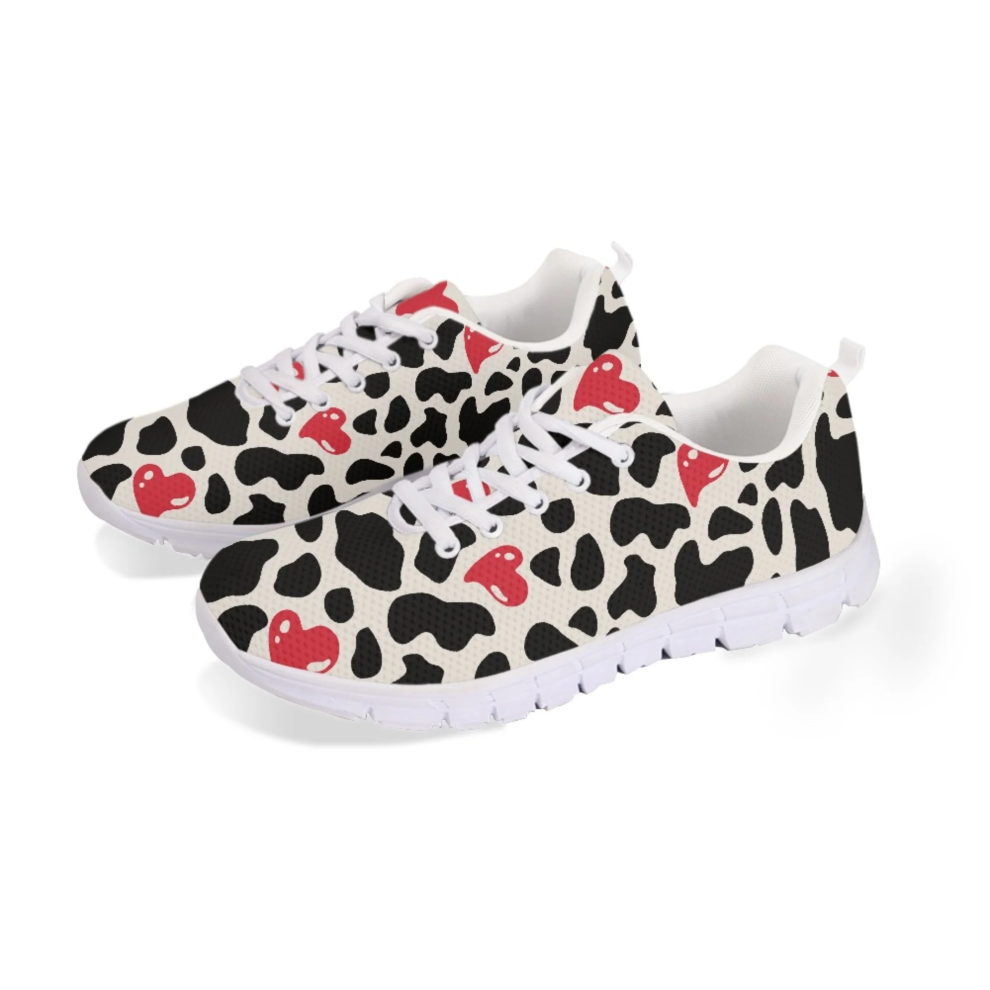 Yikeluo Cute Cow Love Print Pattern Femme Mesh Sneakers Breathable Lace up Flat Shoes for Women Casual Footwear Zapatos