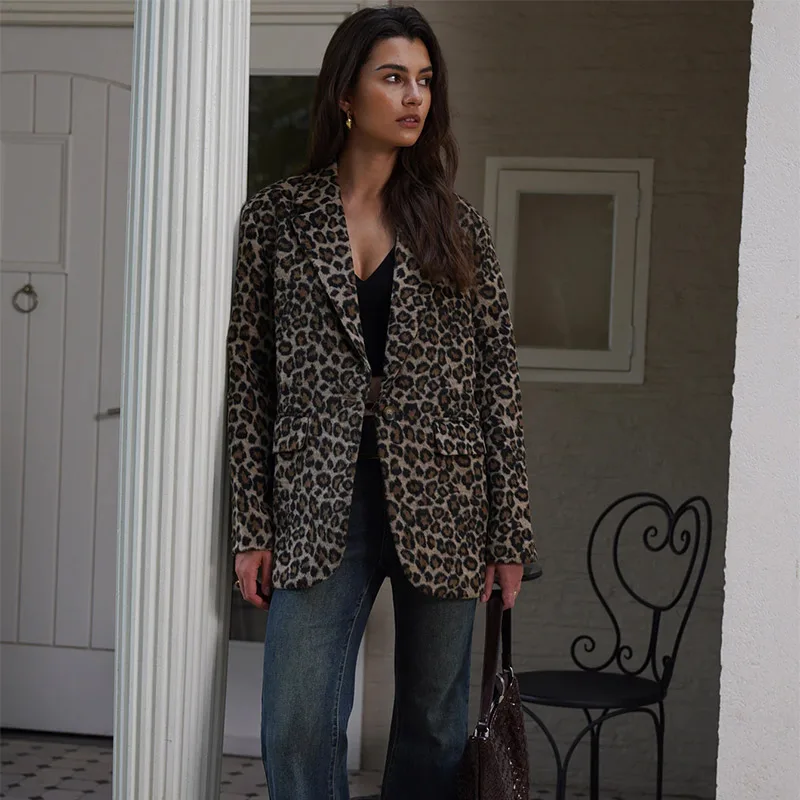 Fall Leopard Print Jacket Blazer Women Lapel One Button Long Sleeve Loose Coat Female Fashion All-matching New in Outwears