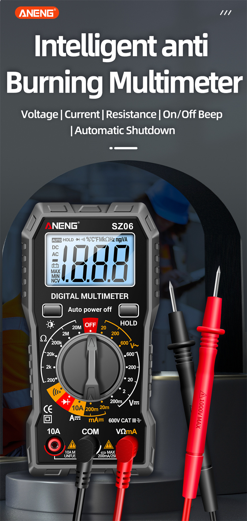 ANENG SZ06 Digital Multimeter Voltage Resistance Meter AC/DC Ammeter 600V Voltmeter Multimetr Electrician LCD Backlight Ohm Test