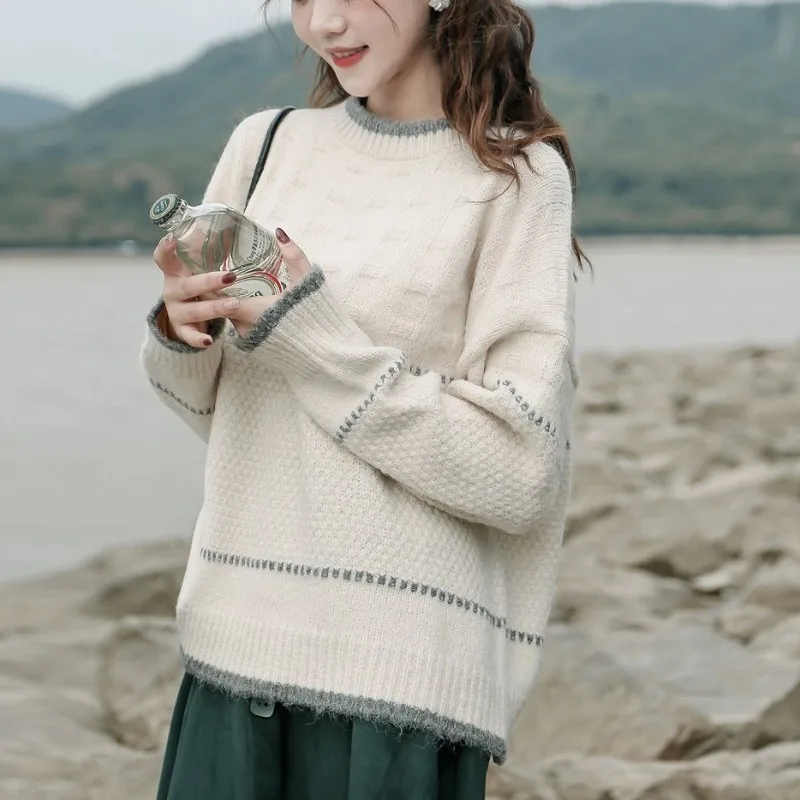 

Women's Round Neck Vintage Patchwork Sweater Loose 2023 Autumn and Winter New Fashion Long Sleeve Crochet Pullover Knit Tops
