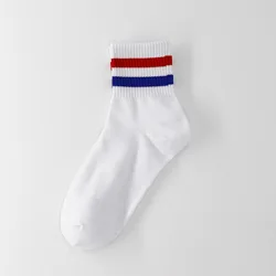 Vintage Two-Stripes Cotton Ankle Socks - Streetwear Hiphop Athletic Style (Blue red socks)