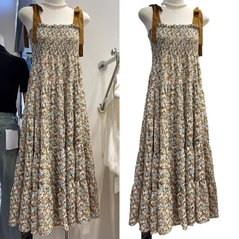 

Платье женское ТРАПЕЦИЕВИДНОЕ Плиссированное без рукавов, длинная юбка с завышенной талией и французским цветочным принтом, лето 2024