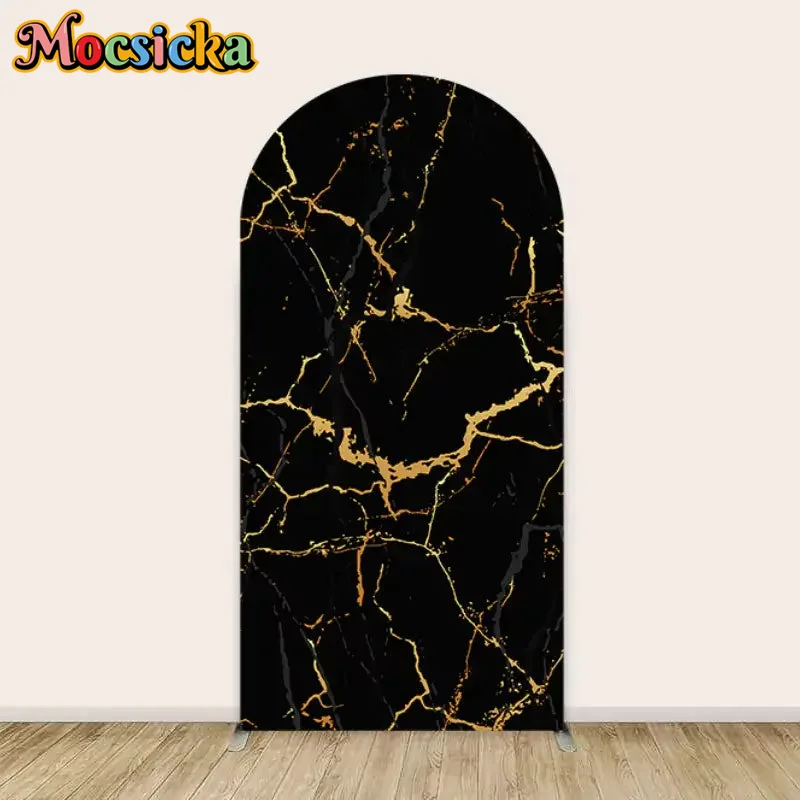Black and Gold Marble Happy Birthday Arch Backdrop Cover Customize Kids Birthday Arched Wall Photography Background Baby Shower