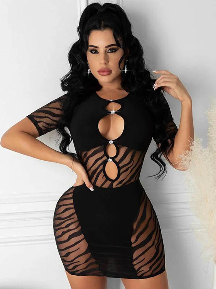 

Cut Out Sexy Zebra Mesh Transparent Women's Mini Dress for Beach Holiday Club Party Prom Night Bodycon Pencil Shorts Dresses