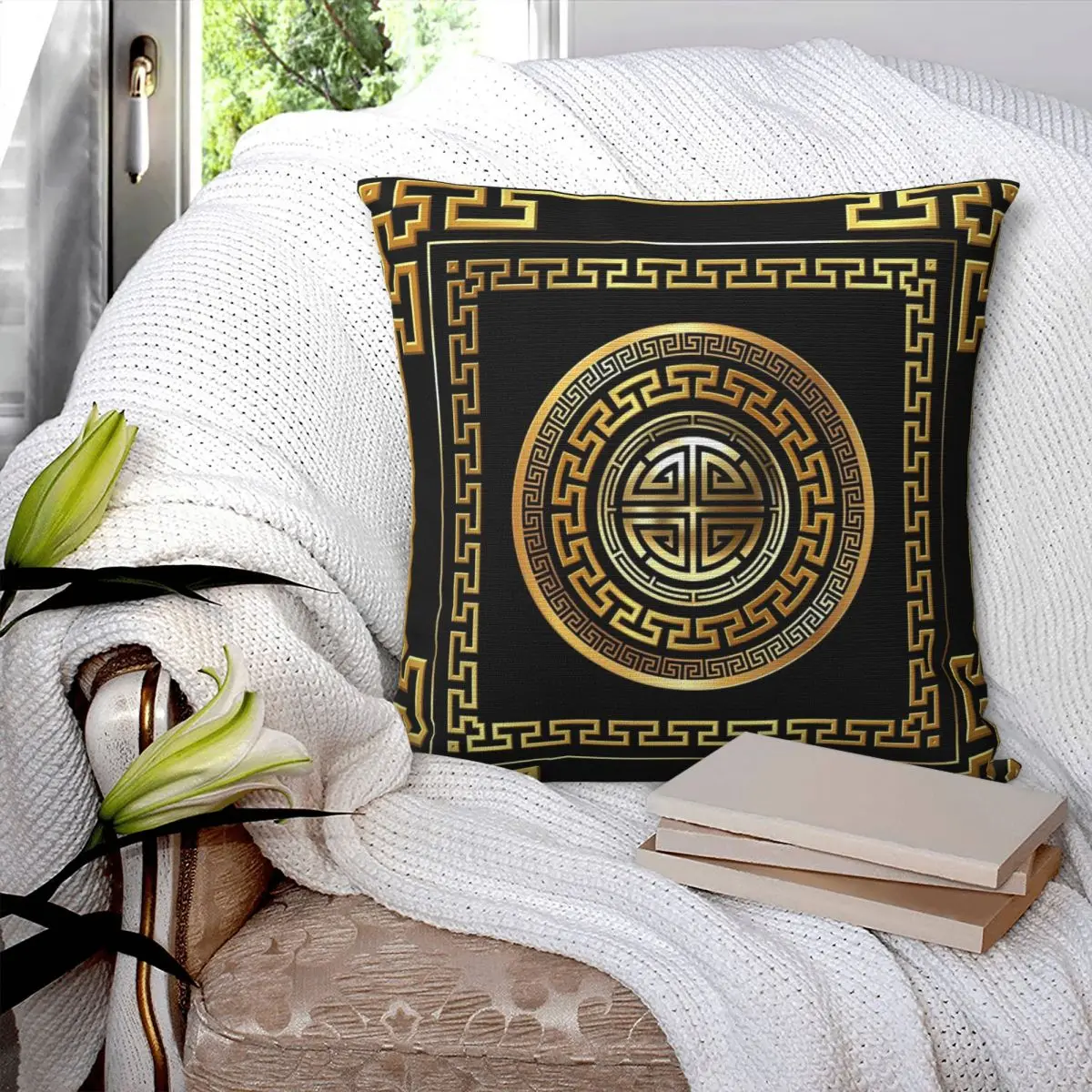 

Greek Key Meander Black Gold Large Square Pillowcase Pillow Cover Polyester Cushion Decor Comfort Throw Pillow for Home Sofa