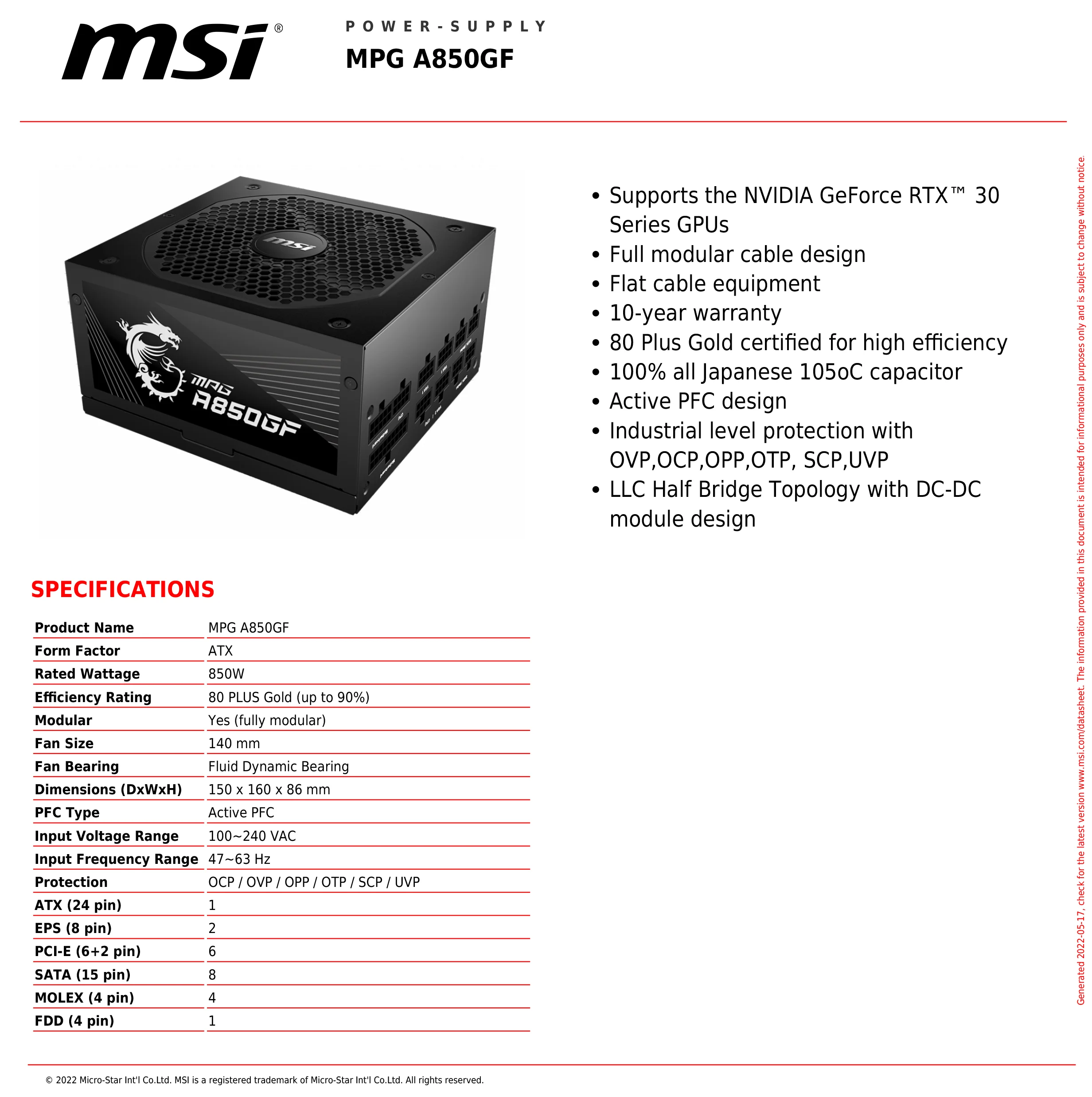 MSI MPG A850GF - Fuente de alimentación gaming (compatible con NVIDIA  GeForce RTX Serie 30, Certificado 80 Plus Gold 850 W, alimentación continua  con ventilador de 140 mm FDB, ATX) : Msi: : Informática