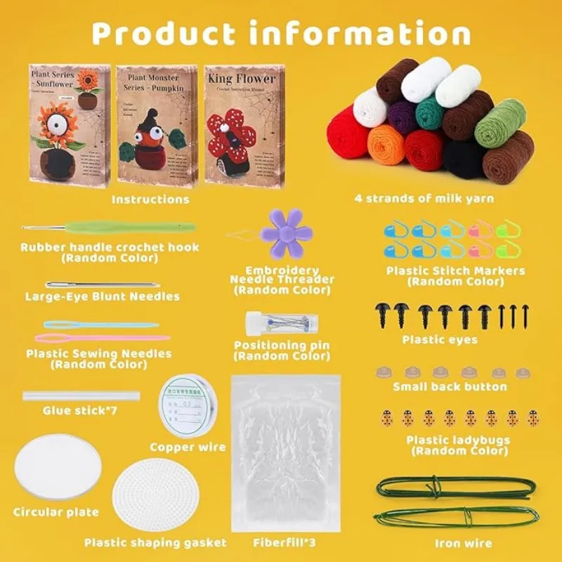 3PCS Monster Beginner Crochet Kit, Crochet Starter Kit, Kits with Video Tutorials Yarn Hooks for DIY Craft Gift