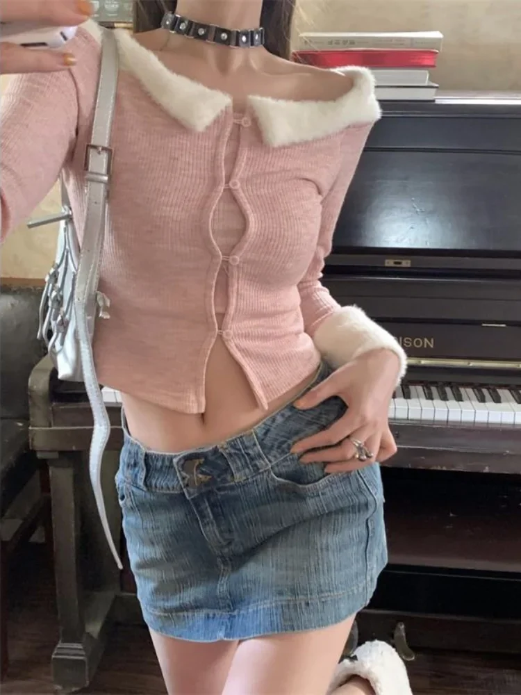 용수철 슬래시 넥 푹신한 패치워크 크롭 가디건, Y2k 미적 섹시 대비 색상, 스위트 니트 패션 여성 점퍼