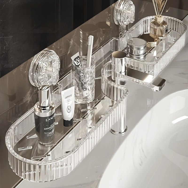 1pc Clear Plastic Suction Cup Bathroom Shelf - No - Drill, Wall - Mounted for Faucet, Toilet & Cosmetic Storage 5