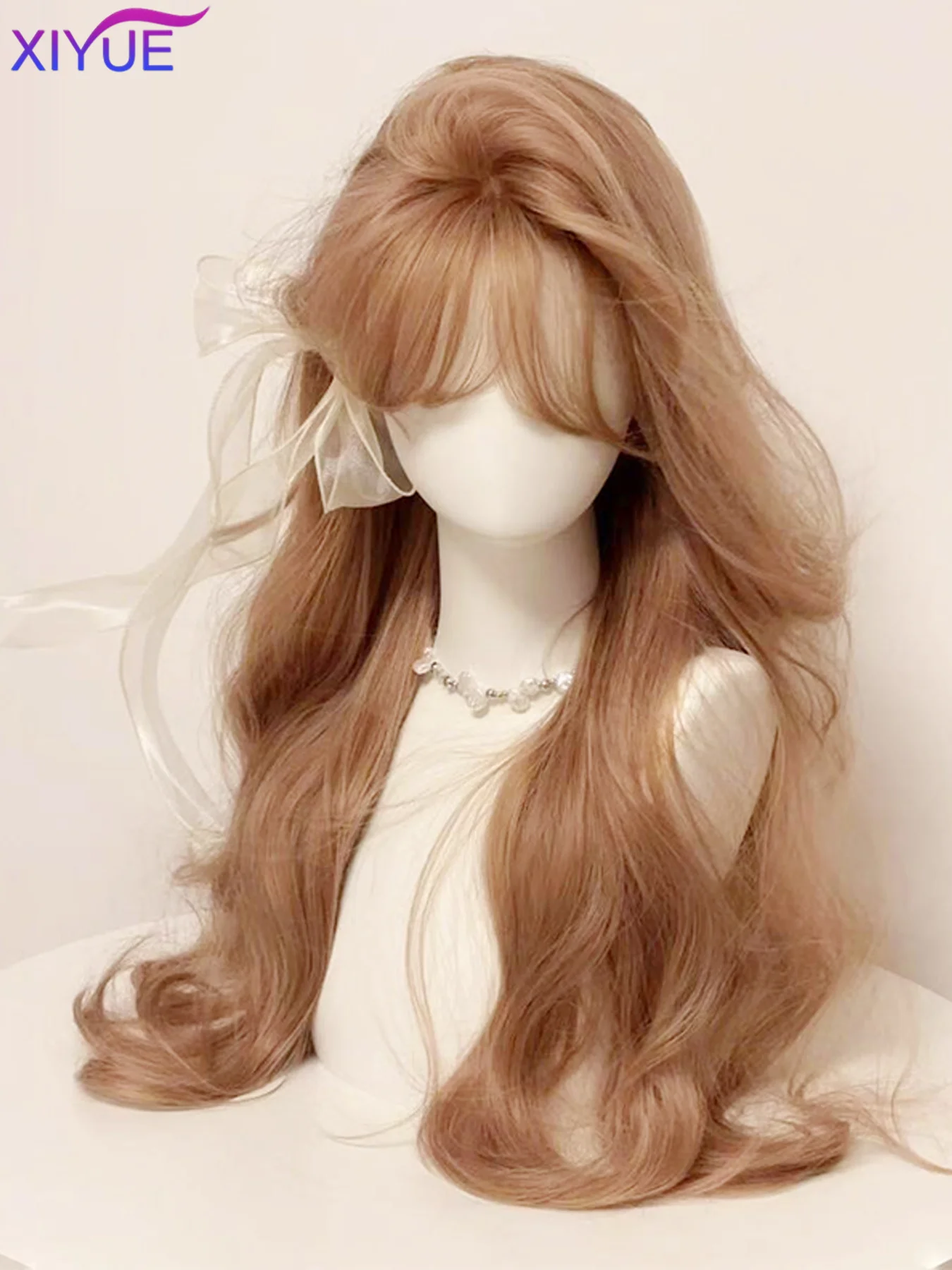 XIYUE Cosplay Wig With Bangs Synthetic Straight Hair 24 Inch Long Heat-Resistant Milk tea brown Pink Wig For Women