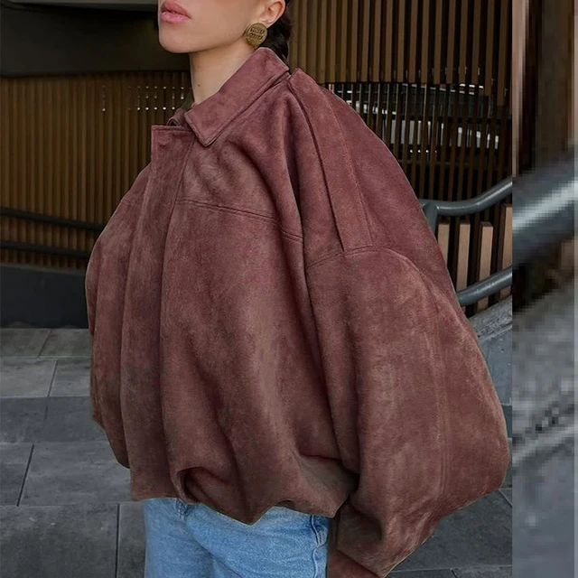 HXAO المرأة Bomber سترة اقتصاص معطف سترة من جلد الغزال المرأة طويلة الأكمام الخريف الشتاء معطف الإناث زمم سترة سوداء بنية 5