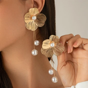 Fashion Large Flower Stud Earrings with Pearl Pendant – Korean Design Jewelry
