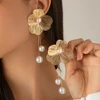 Fashion Large Flower Earring with Pearl Pendant Korean Design Stud Earrings for Women Girls Metal Jewelry Accessories Party Gift 1