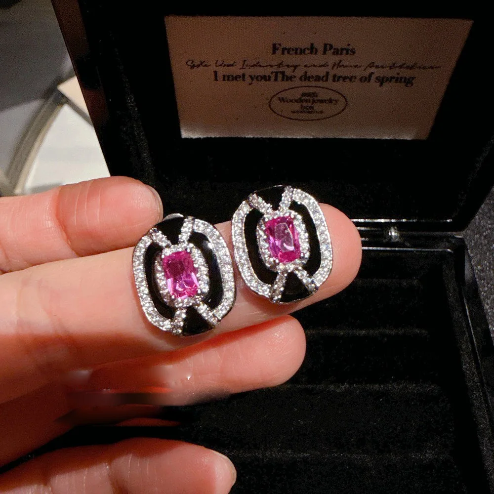 Women 2024 Rupee Onyx Gemstone Ring Vintage Honeycomb Rouge Pink Zirconia Necklace Earrings 4