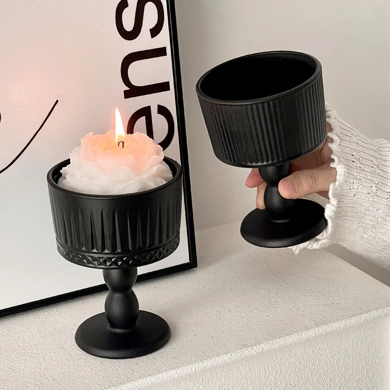 Elegant French Retro Black Frosted Glass Candle Holder - High-End Aromatherapy Decorative Ornament