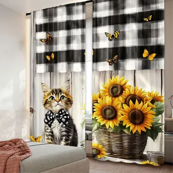 2 pezzi carino gatto di campagna tende girasole tende stampate in legno rustico adatte per camera da letto bagno soggiorno sala da pranzo 1