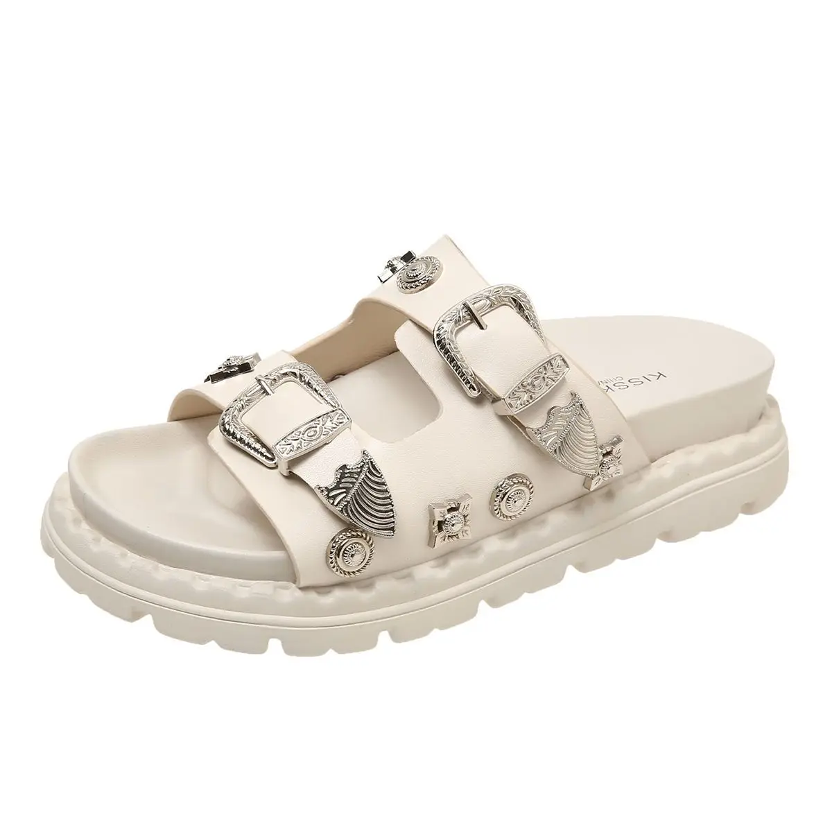 2023 Summer New Metal Buckle Medal Flat Women's Outer Wear Ins Fashion Genuine Leather Slippers