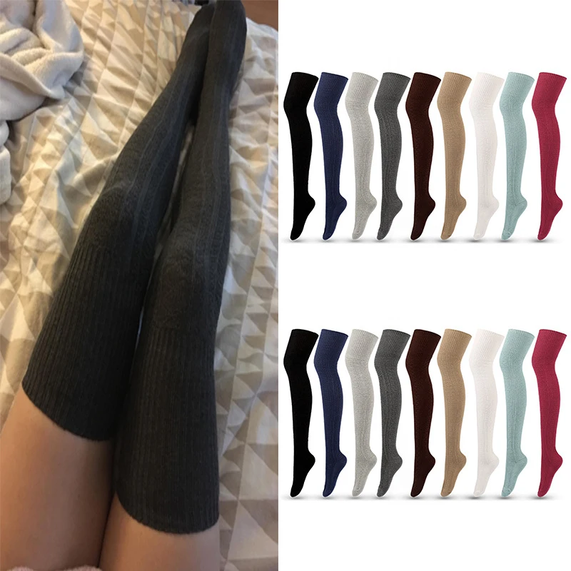 

1pair Women Sexy Warm Thigh High Stockings Y2k Lolita Cotton Over Knee Socks Fashion Solid Color Vertical Stripe Long Tube Socks