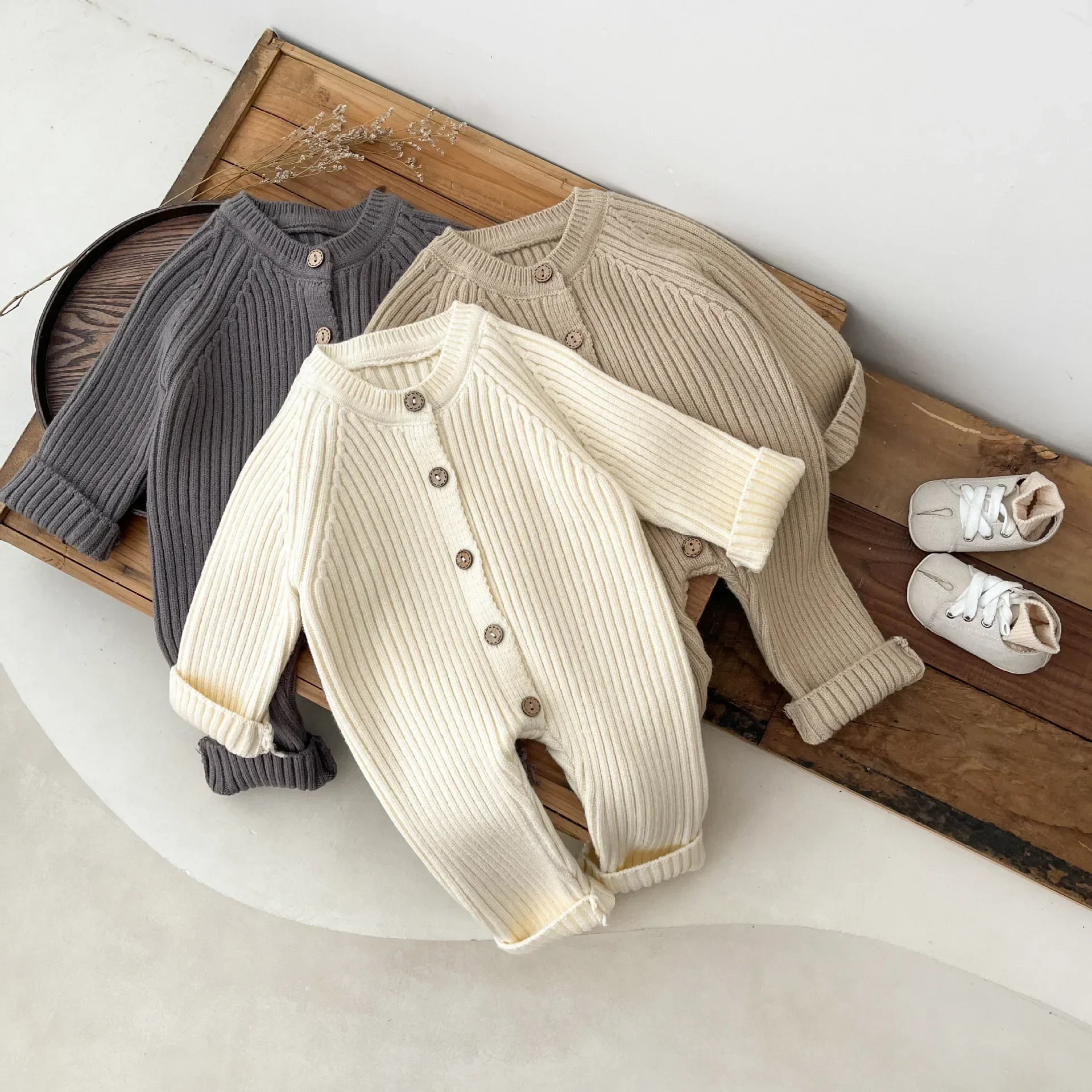 4614 Baby Jumpsuit 2024 Autumn and Winter New Solid Color Baby Boy's Knitting Climbing Clothes 4