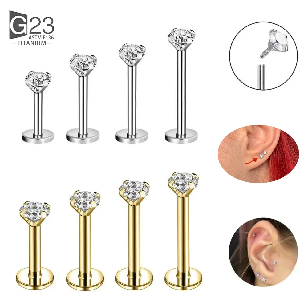 

5Pc/10Pc G23 Ttianium Labret Ear Lip Stud Jewelry Square CZ Stone Cartilage Tragus Earring Tongue studs Threaded Body Jewelry