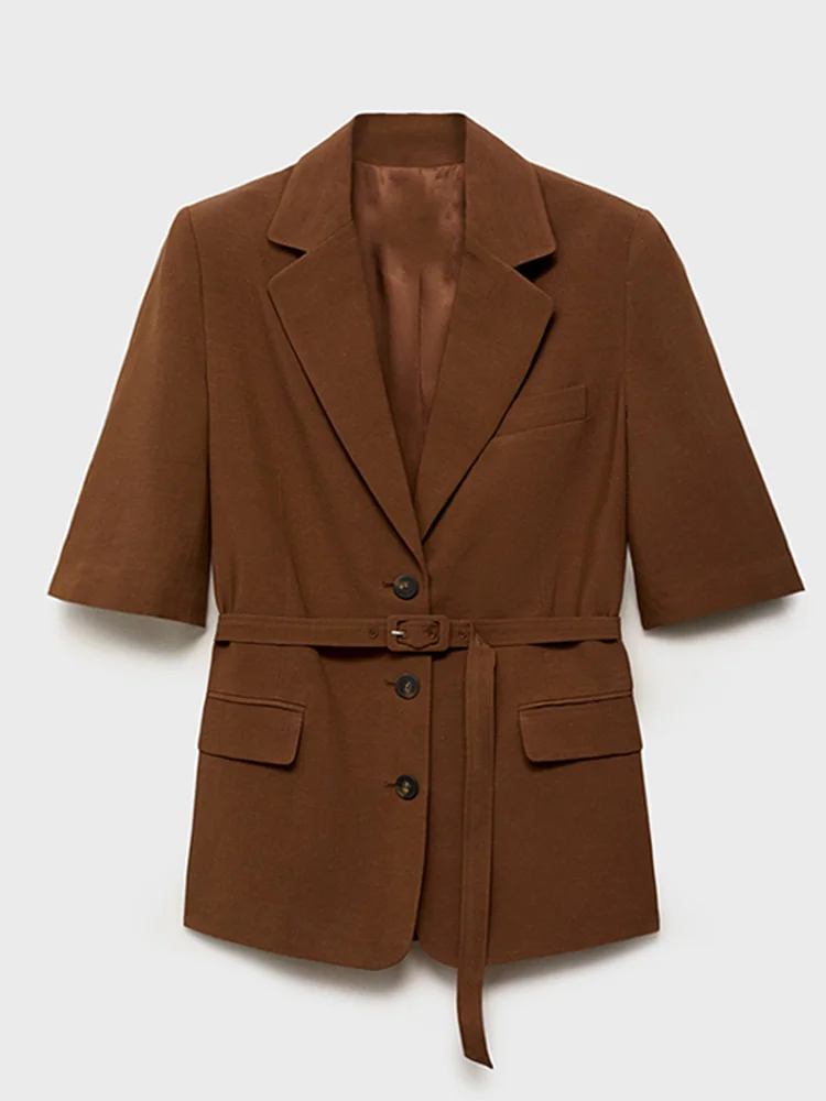 Women's Linen Piece Suits Set Short Sleeve Belted Blazer