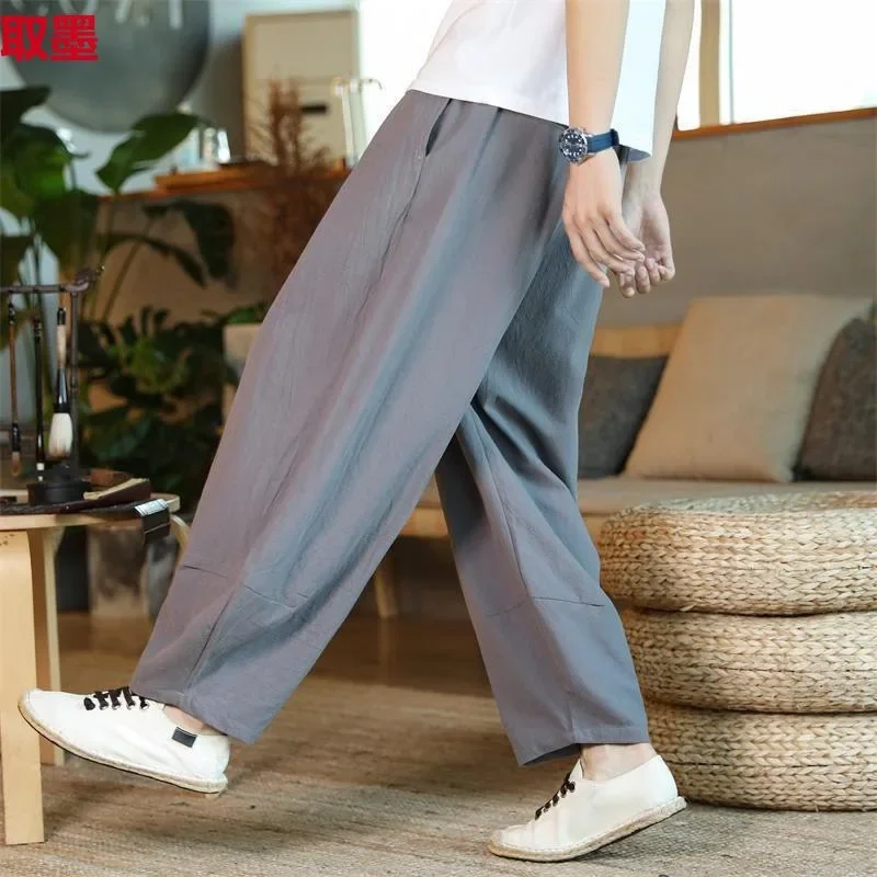 Extra Large 300kg Chinese Style Cotton Linen Cropped Pants Loose Fit Casual Pants Plus Size Plus Fat Men Yoga Long