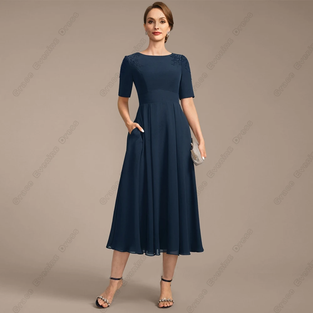 

Navy Blue Short Sleeve Mother of Bride Dresses for Women 2024 Chiffon Scoop Wedding Party Dresses with Pocket Robe De Soirée
