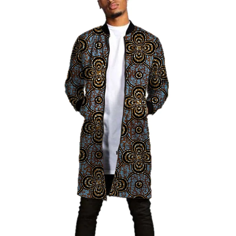 African Men's Baseball Jacket Ankara Long Coat Man Stand Collar Overcoat Custom Made Dashiki Print Bomber Jacket Drop Shipping custom made wedding groom men tuxedos free shipping gray groom wear dress groomsman suits custom man evening man groom suits