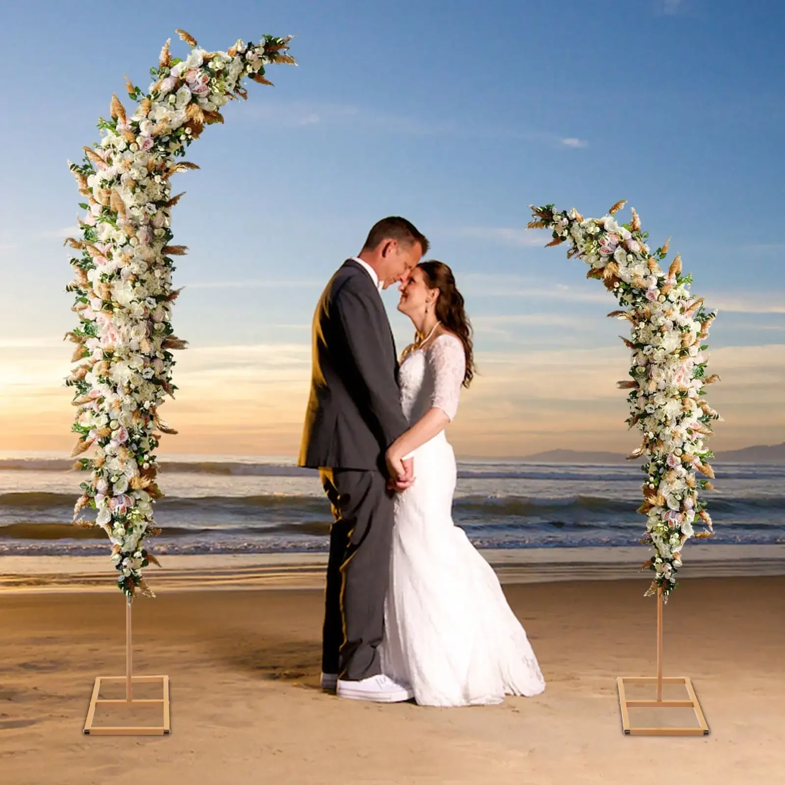 Set of 2 Wedding Arch Frames Gold Metal Curved Top Decorative Racks Balloon Flower Backdrop Stands Plant Climbing Stand 6Ft+8Ft