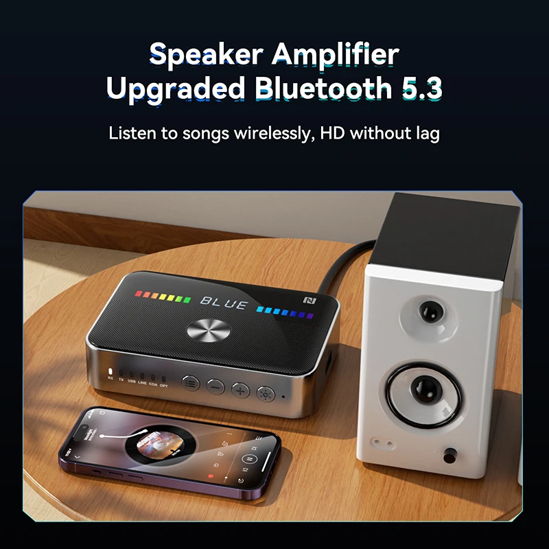Wireless Adapter NFC Bluetooth 5.3 Audio Receiver Transmitter RGB Colorful Light USB 3.5MM AUX RCA Coaxial Optical DAC Converter