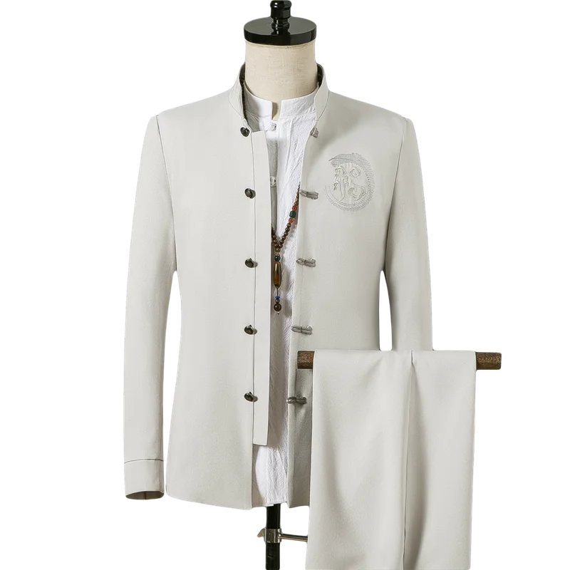 Men's Business Casual Suit 2 Piece Chinese Vintage Style Men Wedding Embroidery Dress Clothing Blazers and Drawstring Pants
