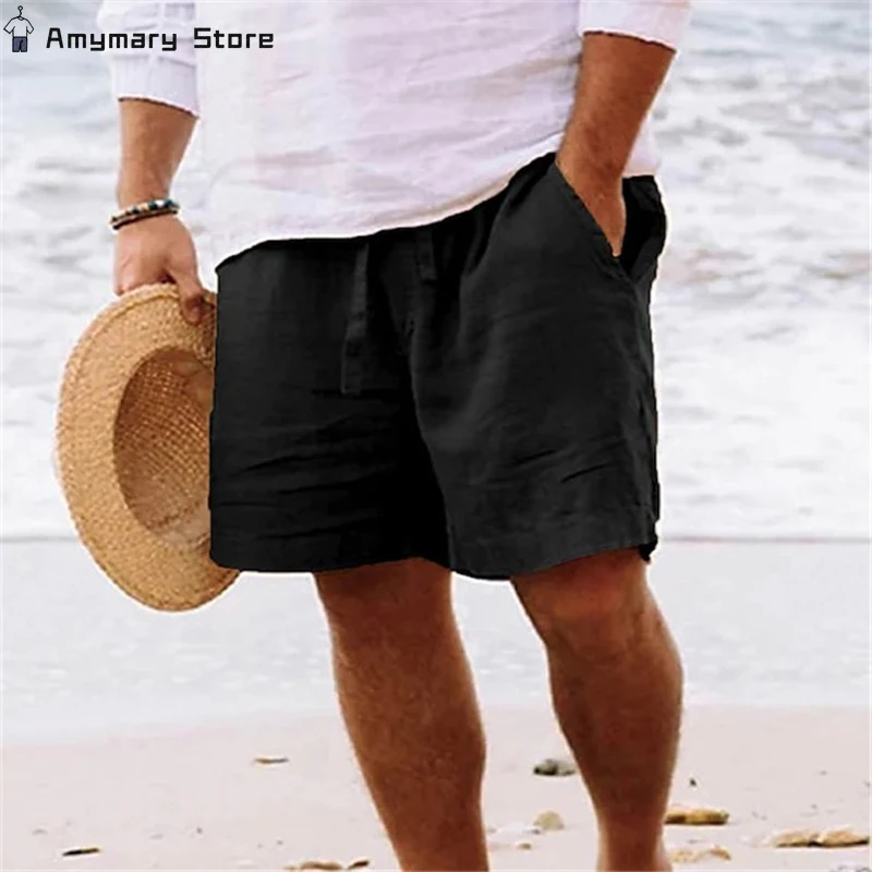 Summer Men's Casual Shorts Linen Cotton Breathable Solid Color Drawstring Elastic Waist Straight Five Pants Daily Beach Shorts