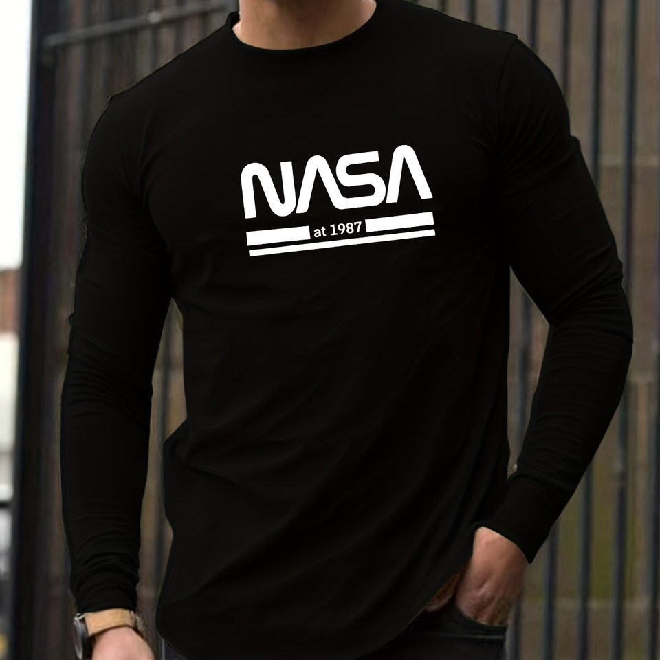 Men's Spring and Autumn 100% Cotton Loose Comfortable Casual NASA Letter Printed Round Neck Long Sleeve T-shirt