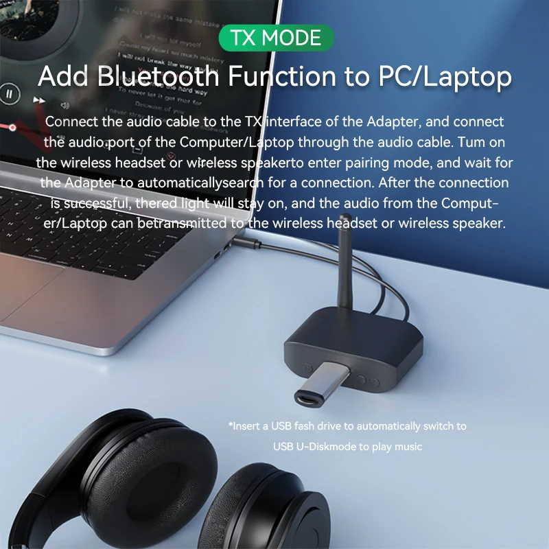 Bluetooth Adapter 3 IN 1 Bluetooth 5.3 Audio Transmitter Receiver USB U-Disk Play 3.5mm AUX Stereo Music Wireless Adapter For Car PC TV Speaker