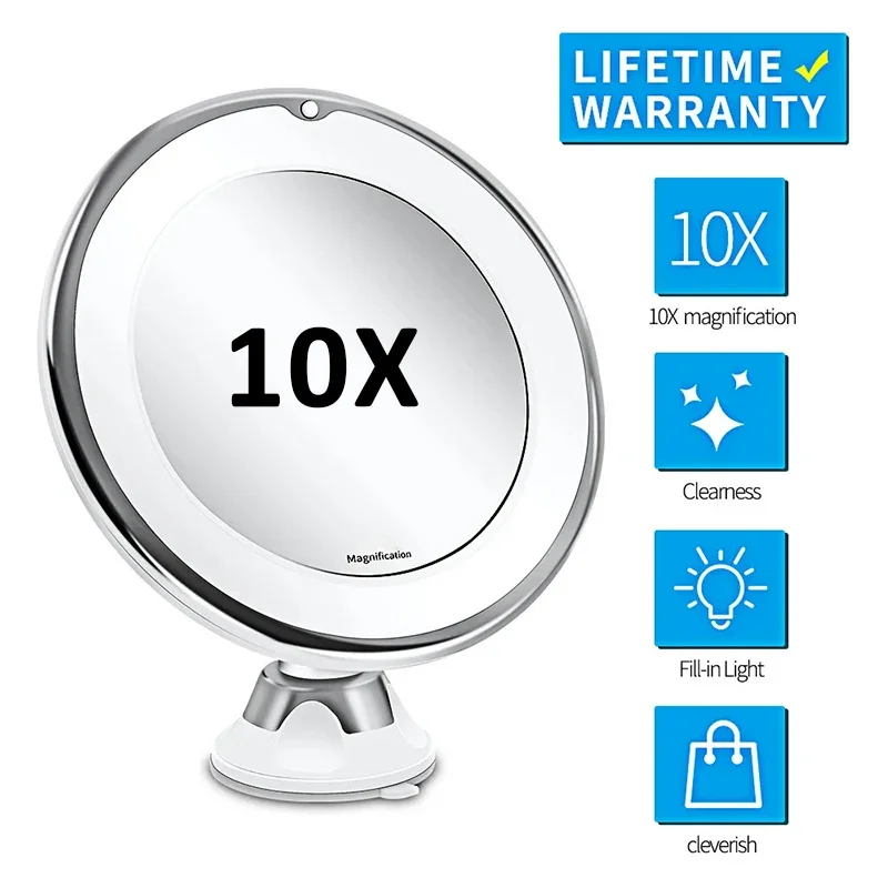 10x Magnifying Vanity Mirror with Lights Touch Screen LED Lighting Dressing Makeup Lamp Bottom Sucker Flexible Portable Design