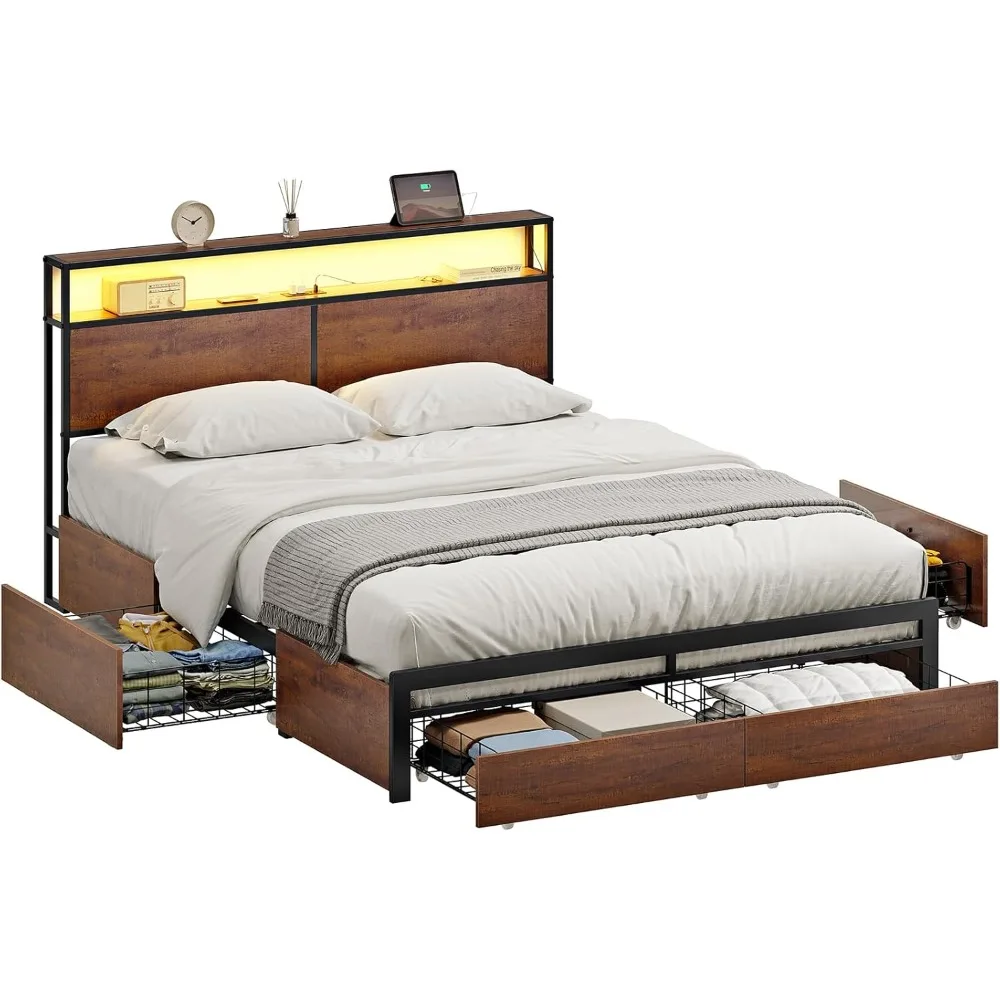 

LED Bed Frame Full Size with Headboard & 4 Storage Drawers Platform Bed Frame
