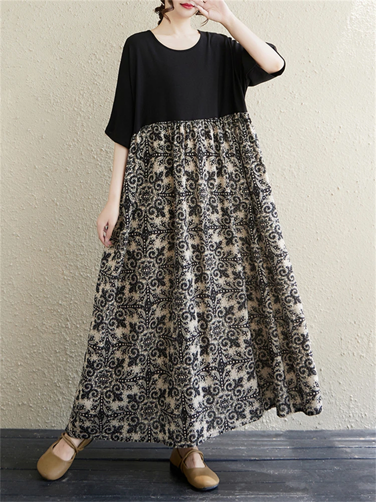 Cotton Vintage Casual Loose Print Women Dresses Short Sleeve Patchwork Dress Femme Vestidos Office Lady Elegant Summer Clothing