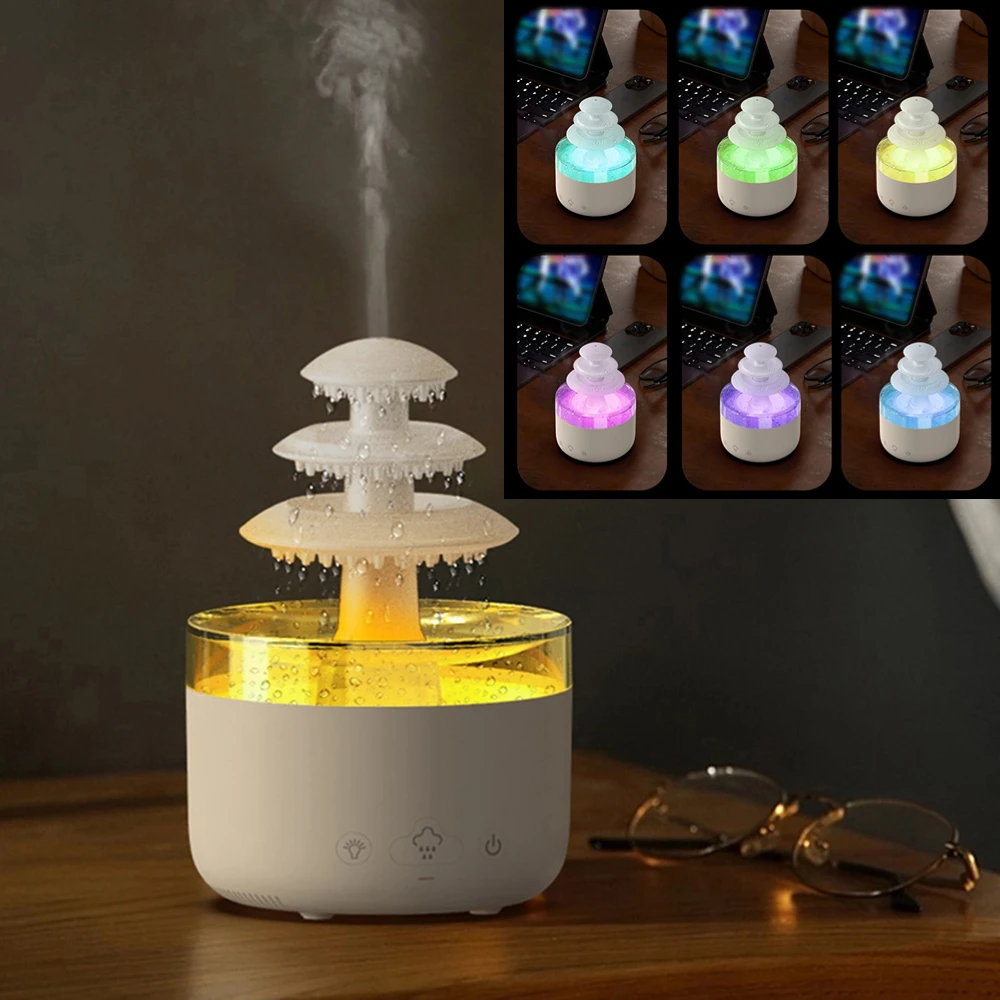500ML Portable Air Humidifier Low Noise Rain Cloud Raindrop Night Light Multifunctional 7 Colorful Light for Home Bedroom Office