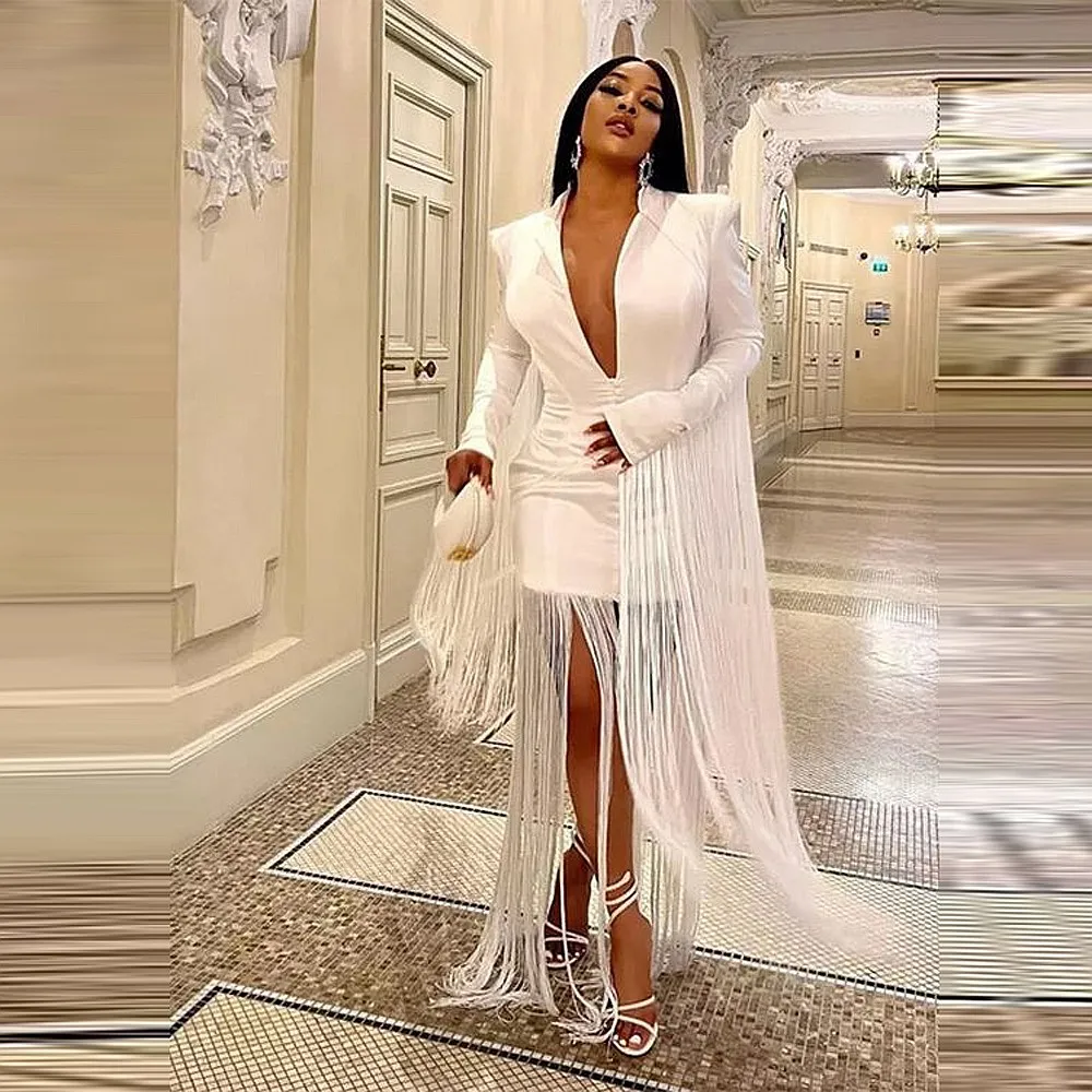 Major Tassels Mini Cocktail Party Dresses Sexy V Neck Long Sleeves فساتين السهرة Celebrity Prom Dress Yong Girls Birthday Gowns