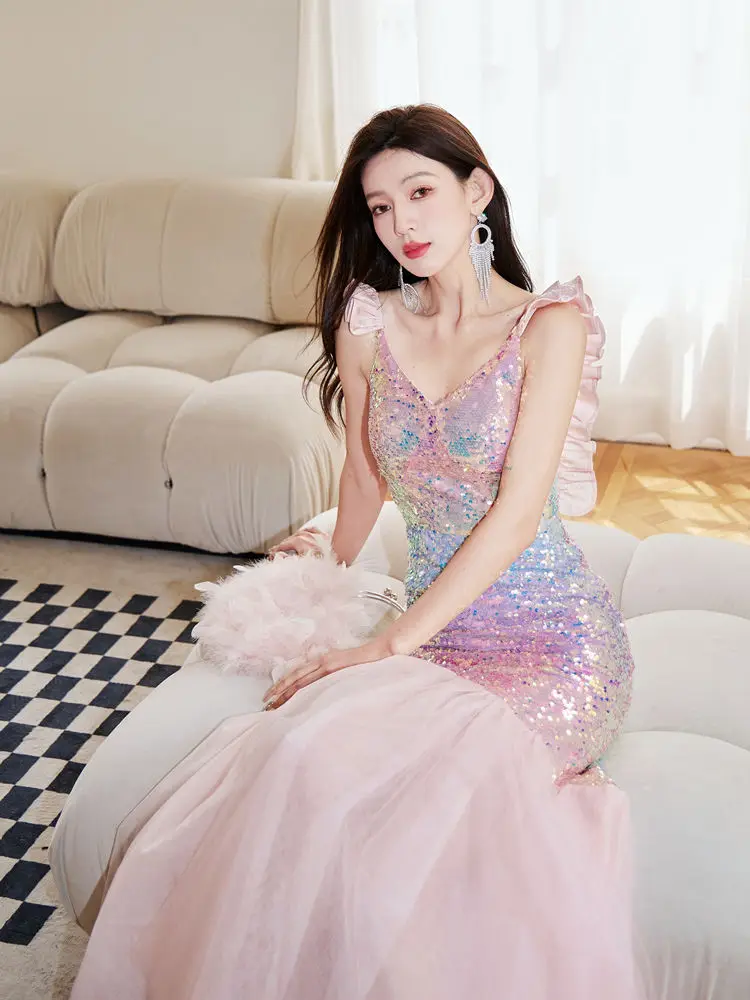 

Banquet Evening Dress 2024 Mermaid Colorful Sequin Design Sexy Open Back Fishtail Dress Small