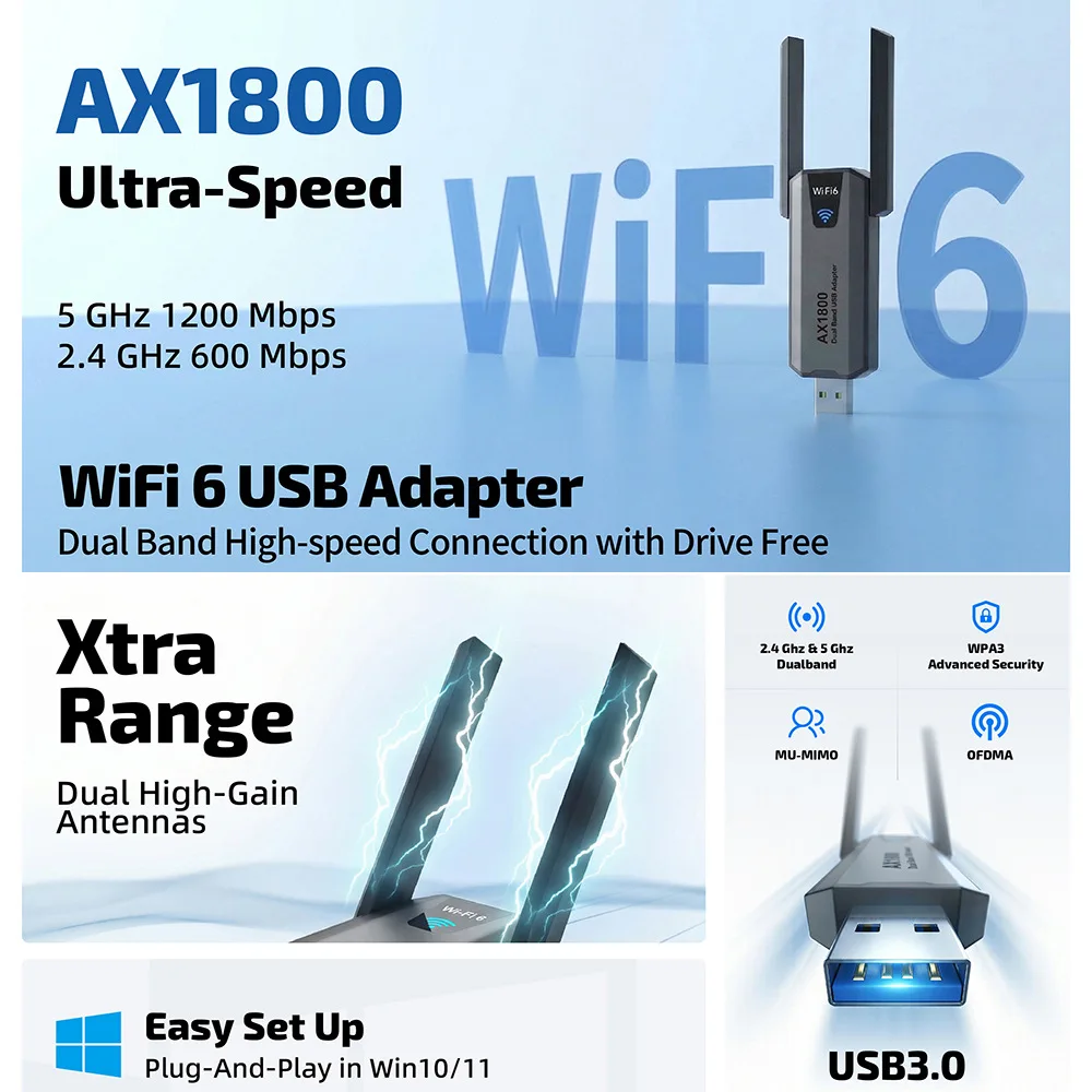 KEBIDUMEI WiFi 6 AX1800 USB 3.0 어댑터 듀얼 밴드 2.4G/5Ghz 무선 USB 수신기 동글 네트워크 Wi-Fi 6 노트북 Win10/11용