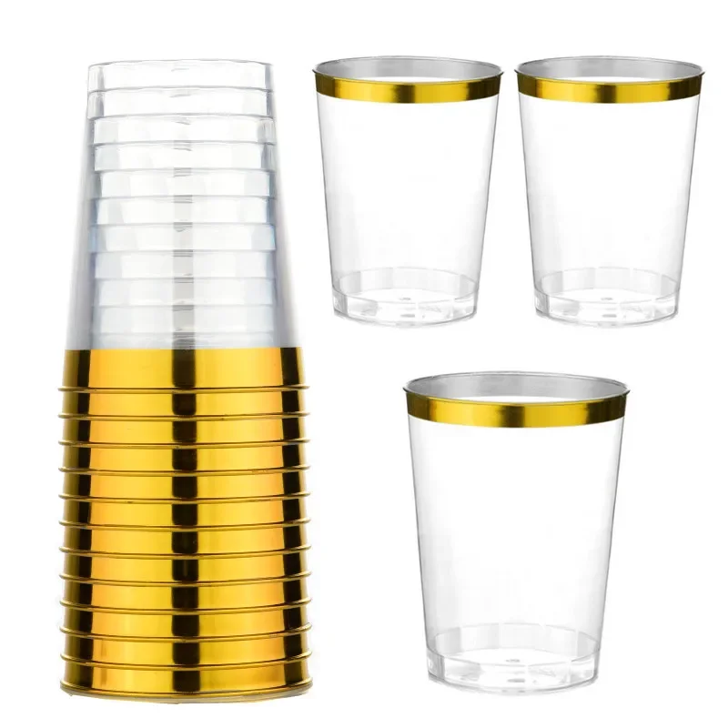 25pcs Golden Plastic Rim Cup 10oz Hard Disposable Cup Plastic Wine Party Wedding Transparent Plastic Rim Gold Rim cup