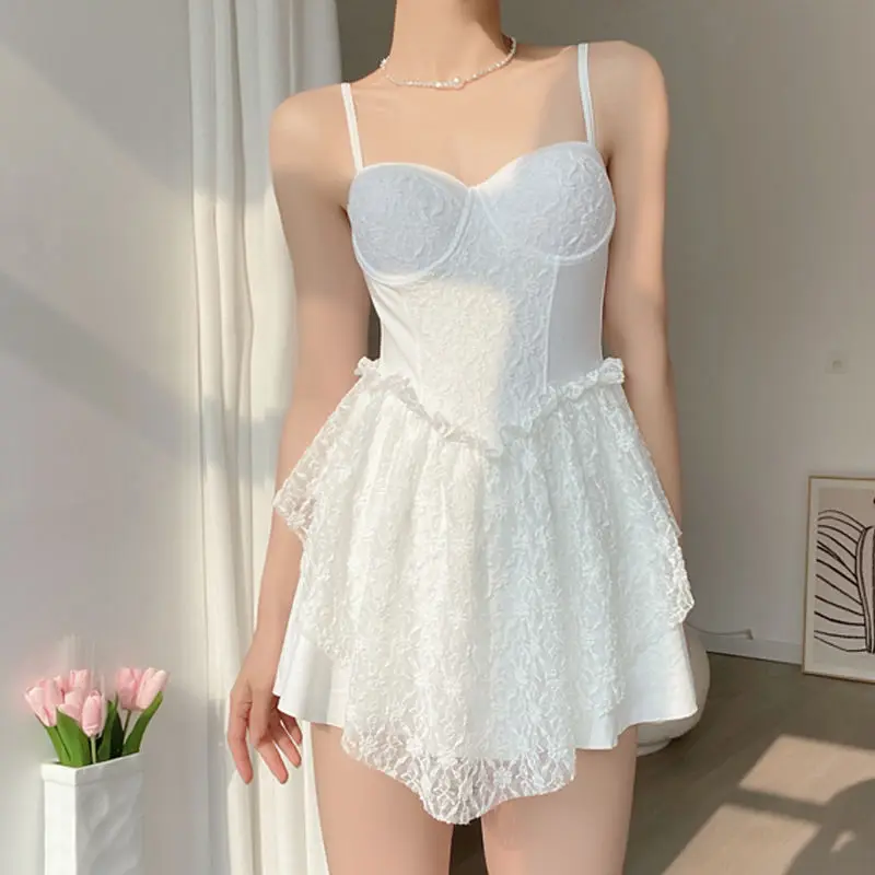 Summer Conjoined Body Long Sleeve Spliced Lace V-Neck Drawstring Sexy Conservative Women's Clothing Slimming Fashion Swimwears