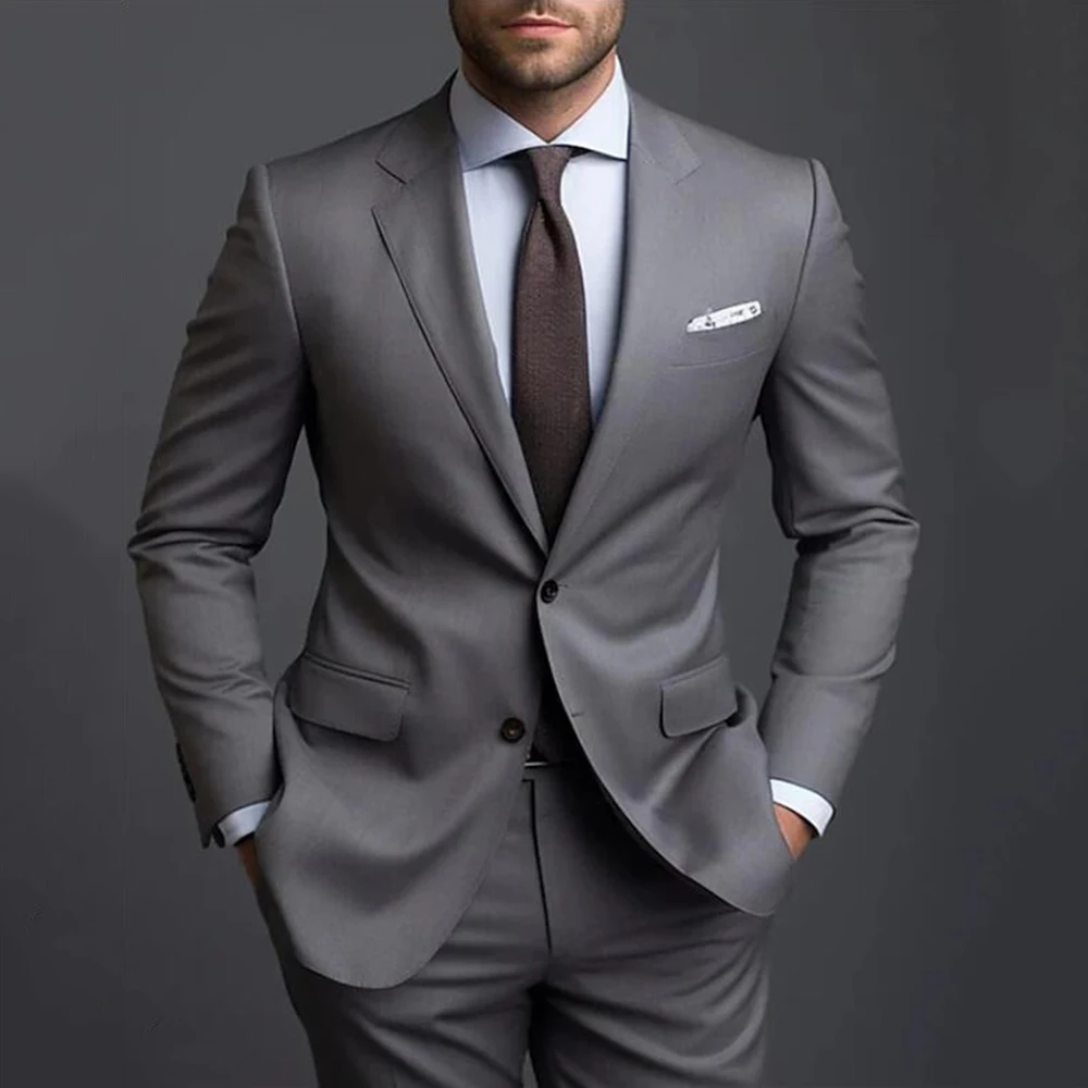 

Grey Men Suits Formal Business Notched Lapel Groom Wedding Suits For Men 2 Pieces Slim Fit Tuxedos Blazer Pants Trajes De Hombre