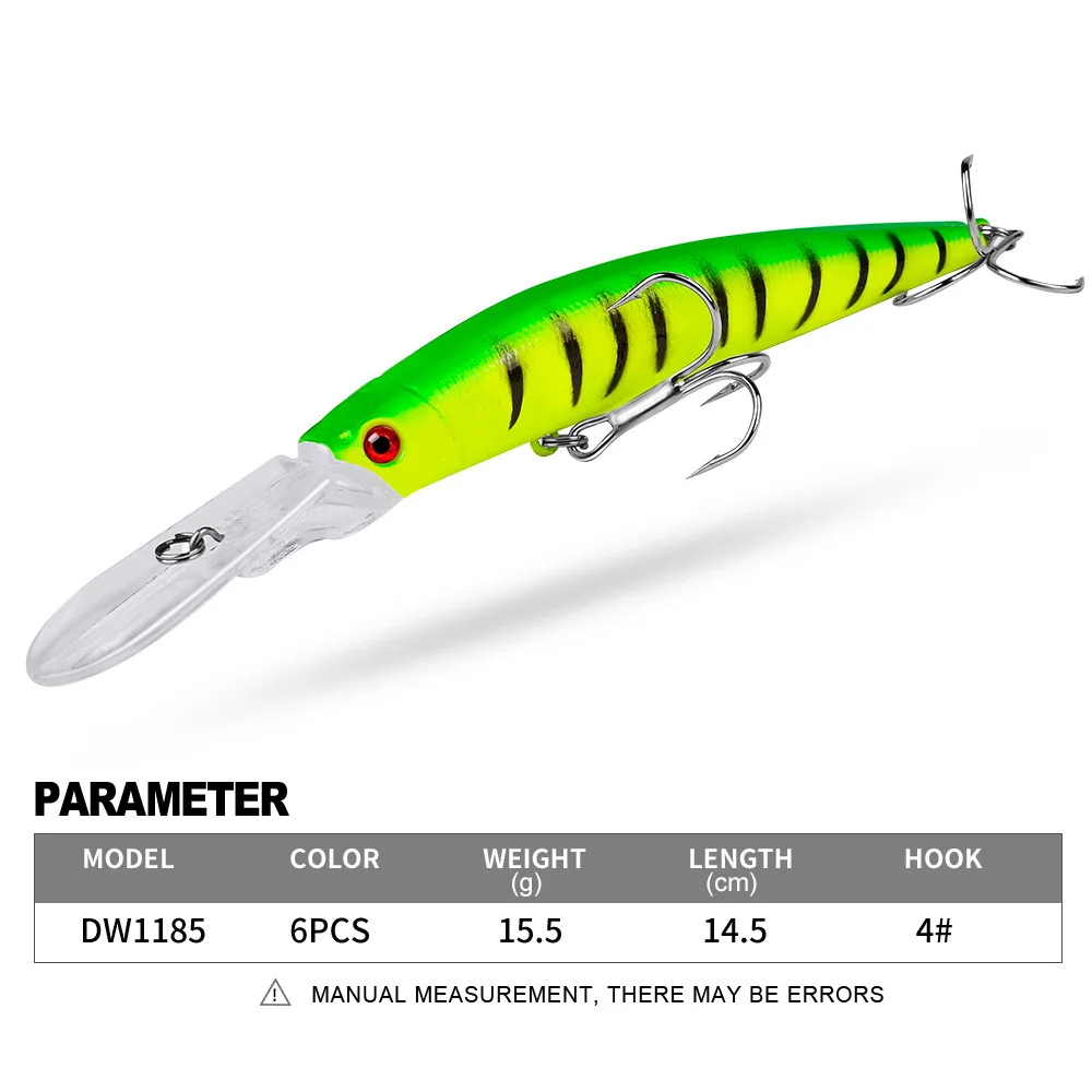 

PROBEROS 1pcs Fishing Lure 14.5cm 15.5g Hard Artificial Minnow Lures 6 Color Crankbait Fishing Baits 4# Treble hook DW1185