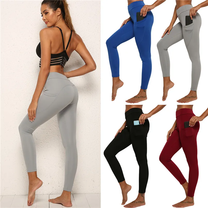 

Women Solid Tights Stretchy Sports Fitness Side Pocket Pants Elastic Slim High Waist Black Blue Gray Red Running Yoga Leggings