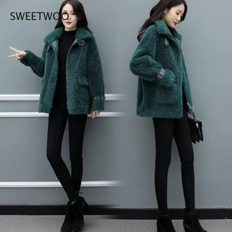 Women 2021 Winter New Fashion Double-Faced Fur Sheep Shearing Jackets Female faux Lamb Coat Mid-Long Loose Overcoat Contracted