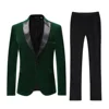 2 Piece Men's Green Velvet Suit Peak Lapel One Button Blazer Wedding Groom Tuxedos Pants Jacket for Party Prom 1